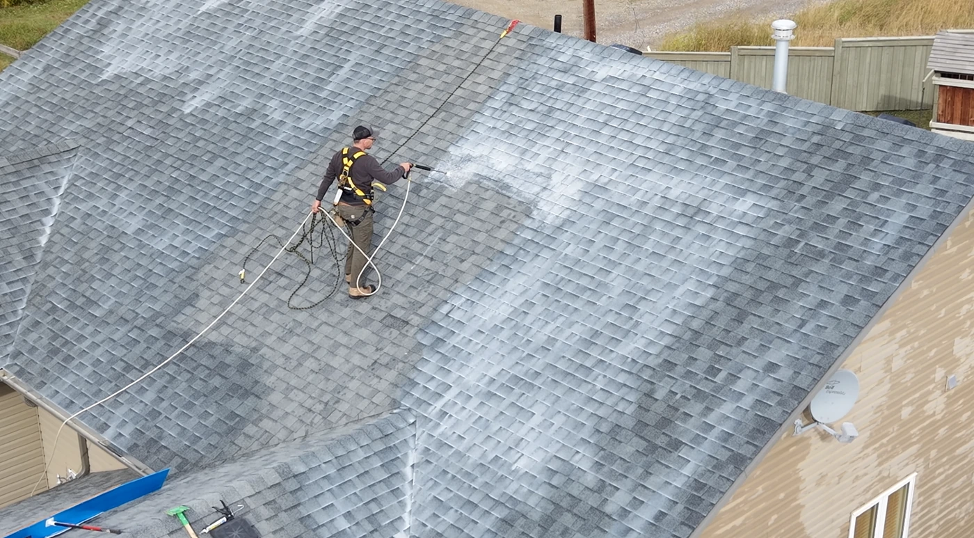 Raptor crew member applying roof rejuvenation treatment to an asphalt shingle roof
