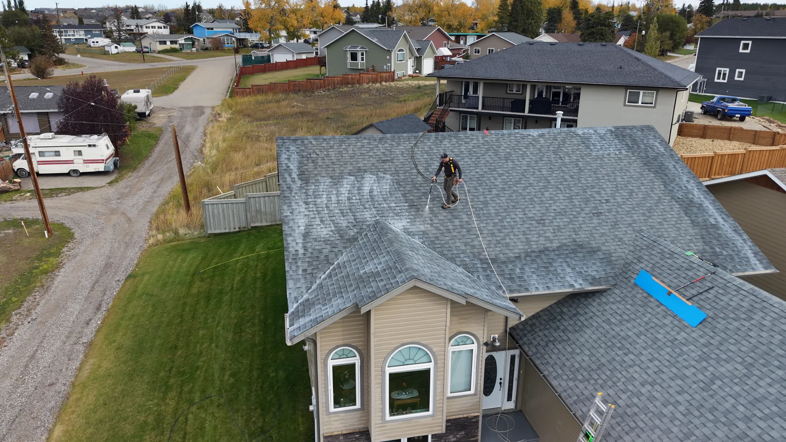 Roof rejuvenation application from the new client drone footage